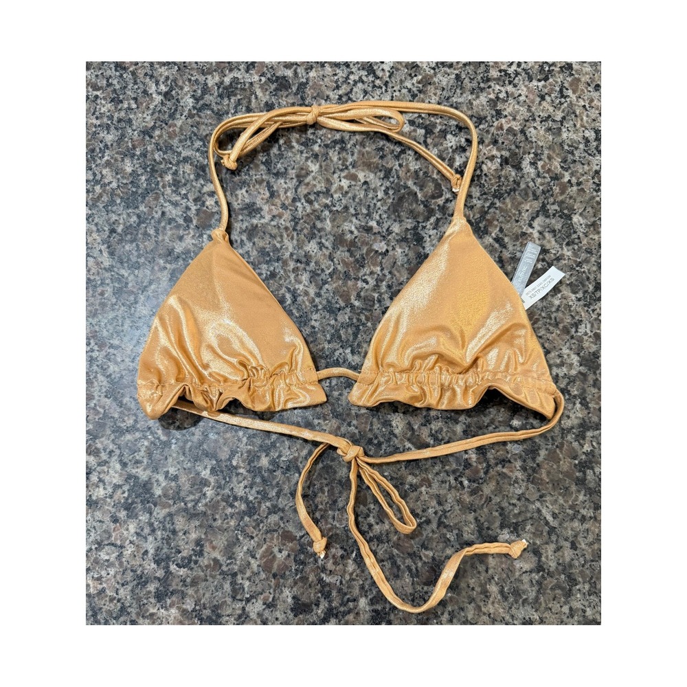 SWS Womens Metallic Gold‎ Shimmer Triangle Bikini Top XS Halter Swimwear